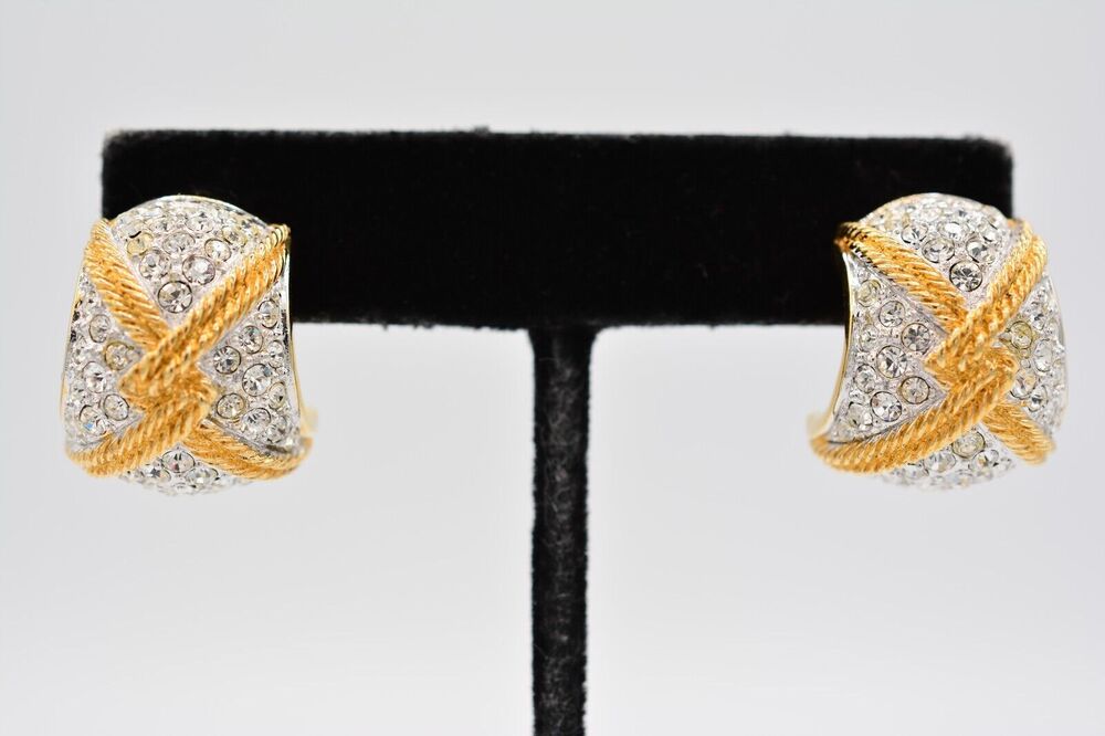 Swarovski Vintage Crystal Earrings Brushed Gold Rhinestone Swan Signed 80s BinAI